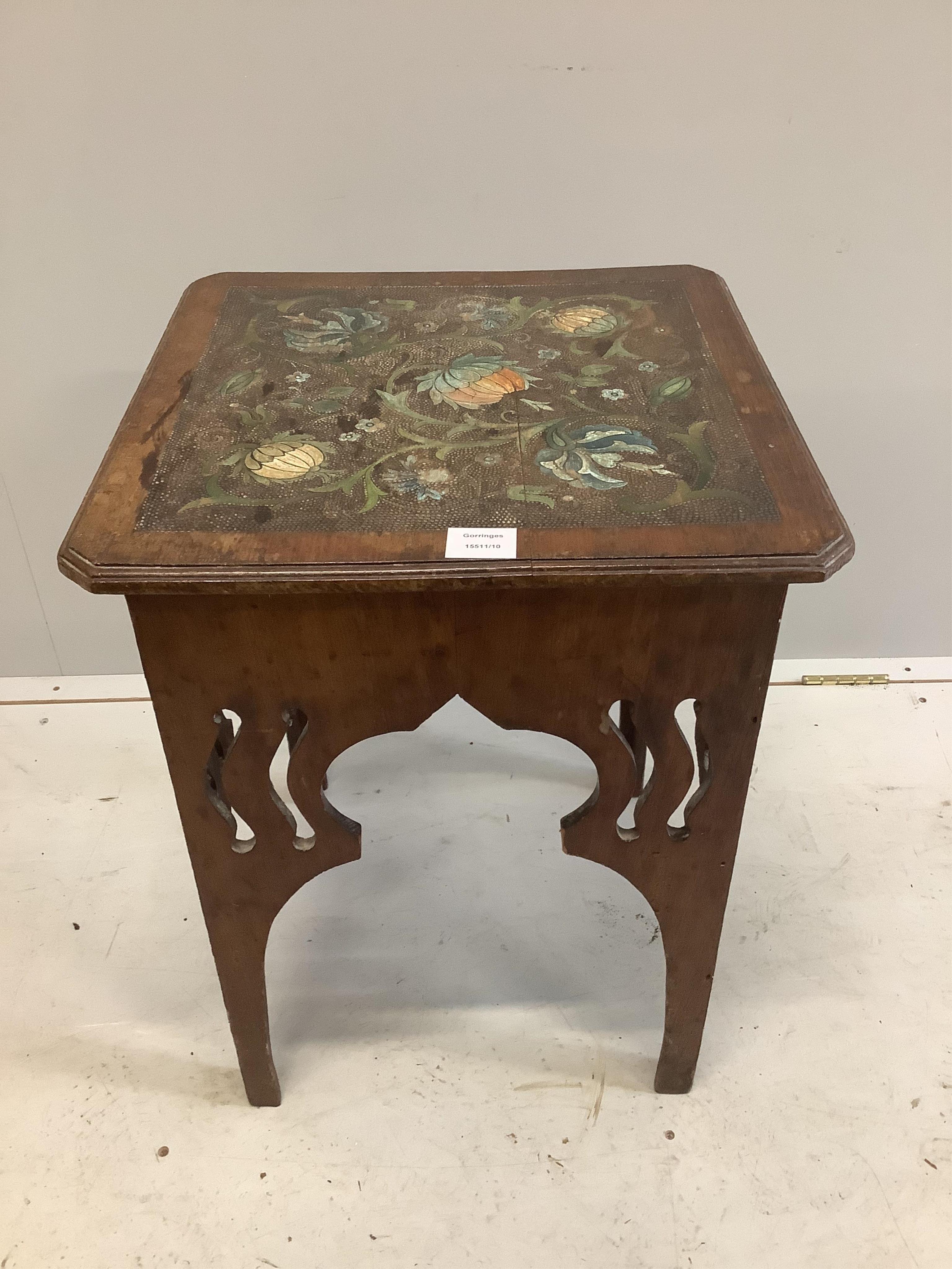 An early 20th century Liberty style square pokerwork occasional table, 46cm, height 60cm. Condition - fair